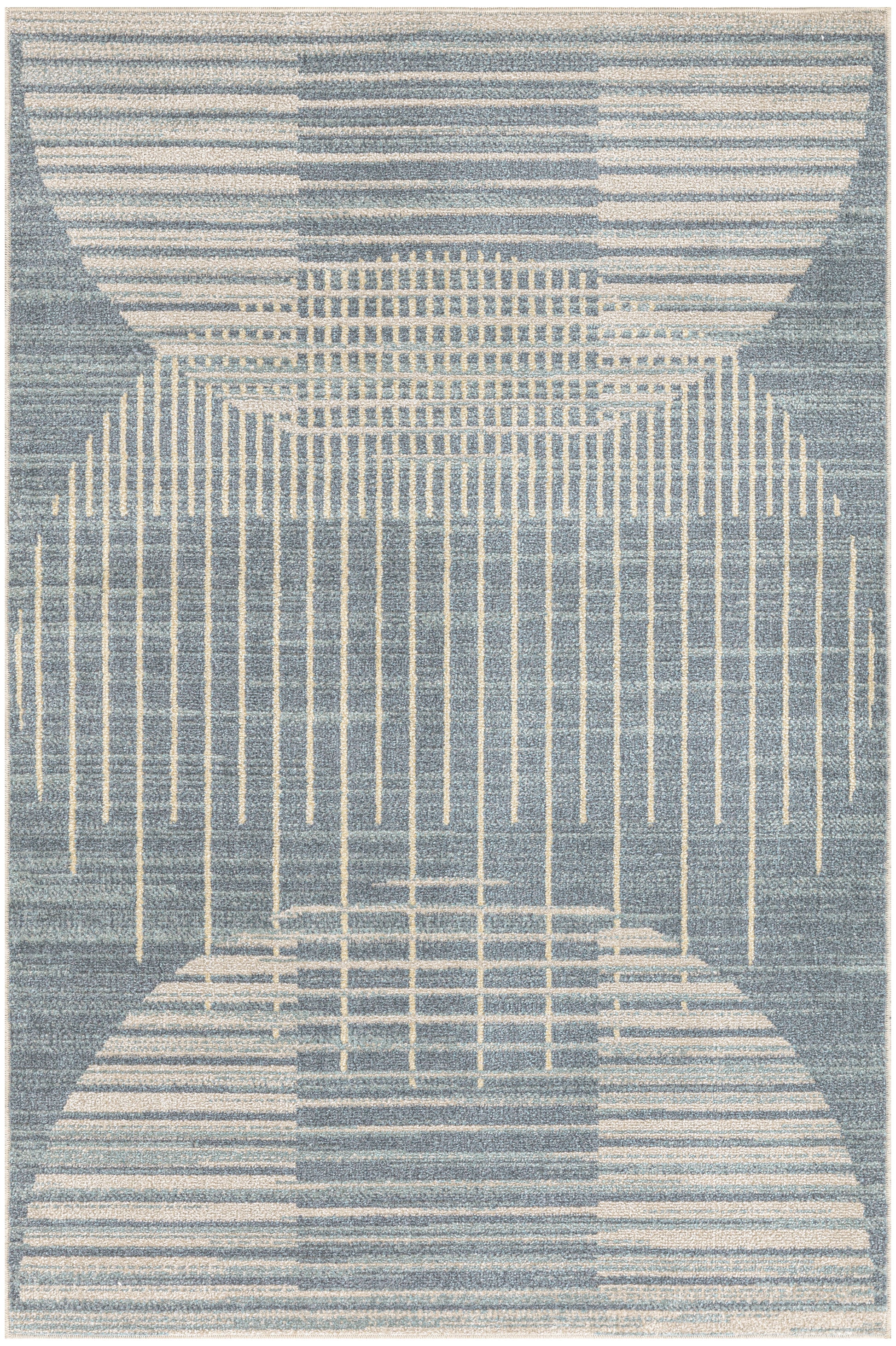 Blue-gray rug with cream geometric pattern featuring concentric arches, vertical lines and grid-like details for a modern abstract look.