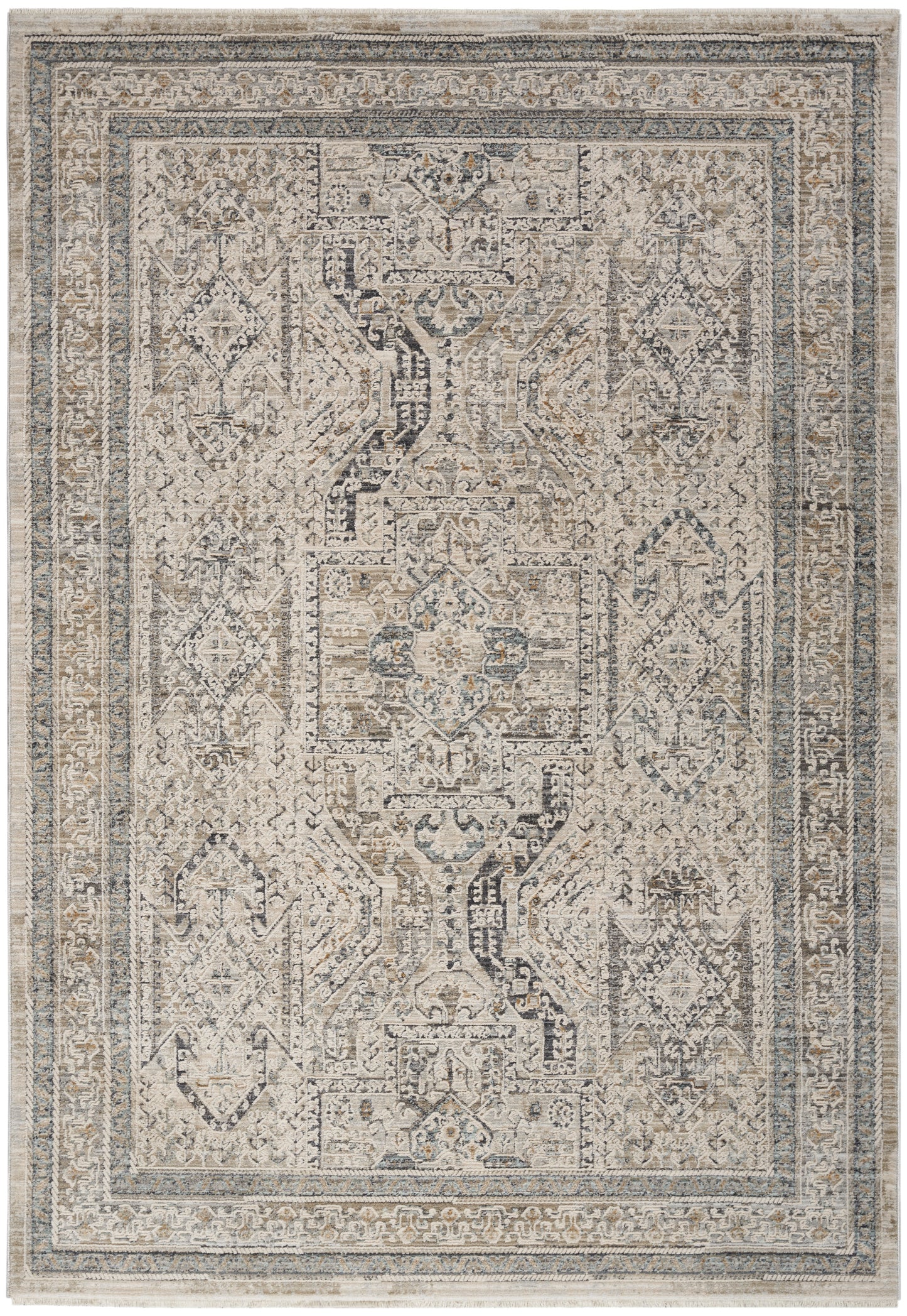 Rectangular distressed Persian-style area rug in ivory, beige and blue-gray with intricate medallions and ornate borders.