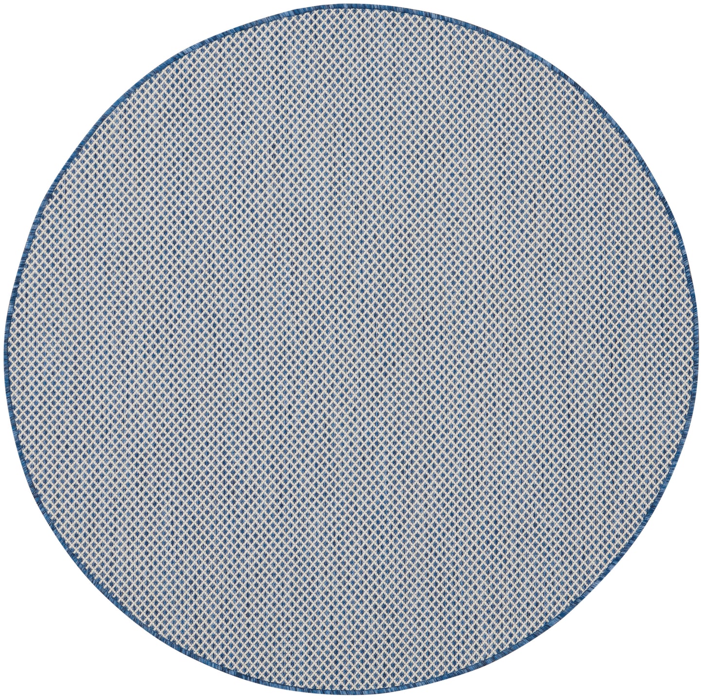 Round beige woven rug with navy border and subtle crosshatch pattern
