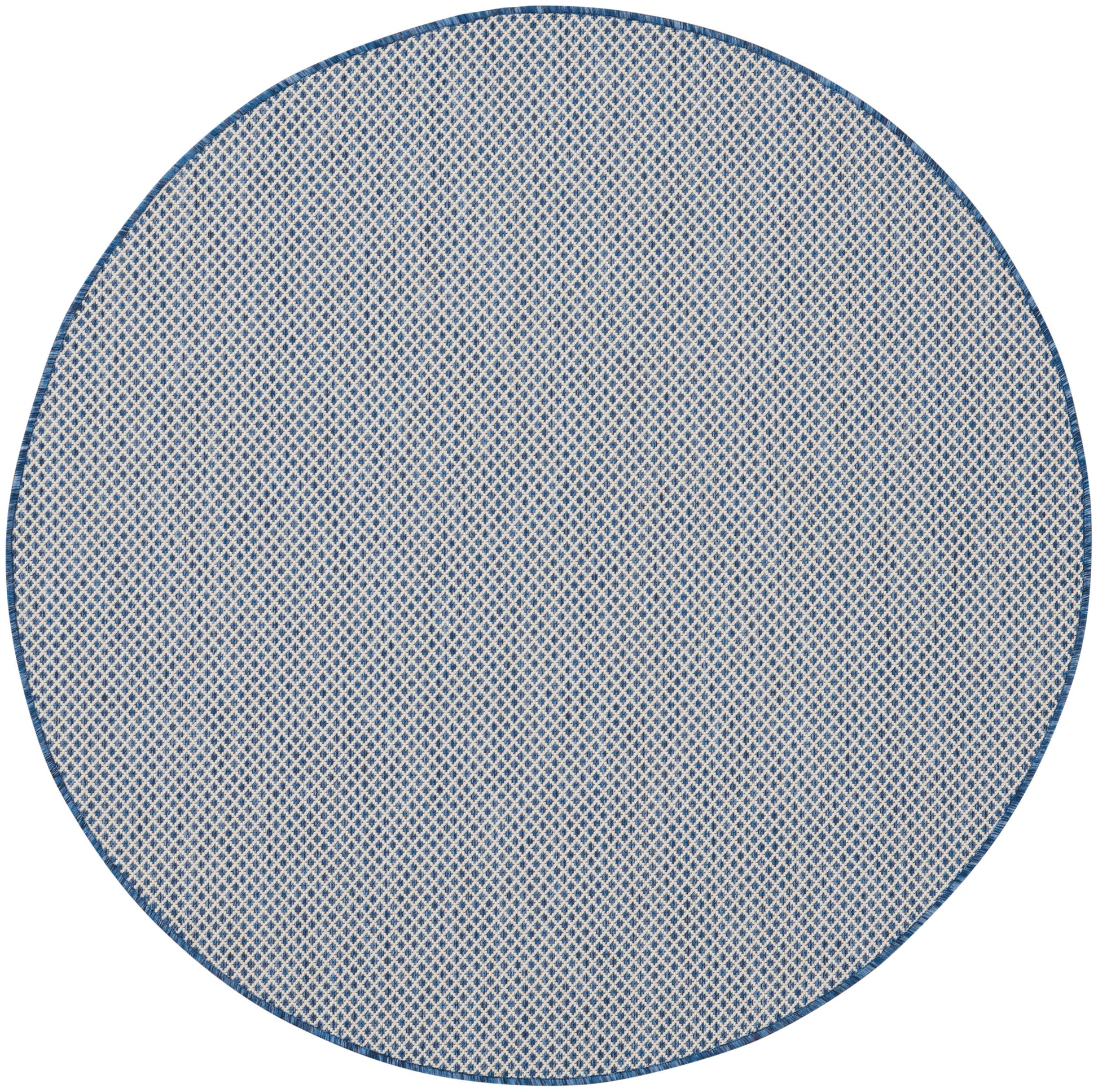 Round beige woven rug with navy border and subtle crosshatch pattern