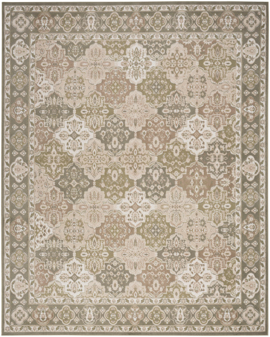 Rectangular area rug with traditional floral medallion pattern in cream, taupe, beige and sage green; ornate border.