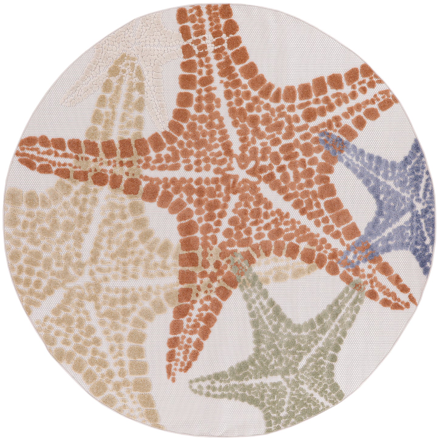 Round outdoor rug, 5' diameter, with pastel starfish pattern in orange, beige, green & blue.
