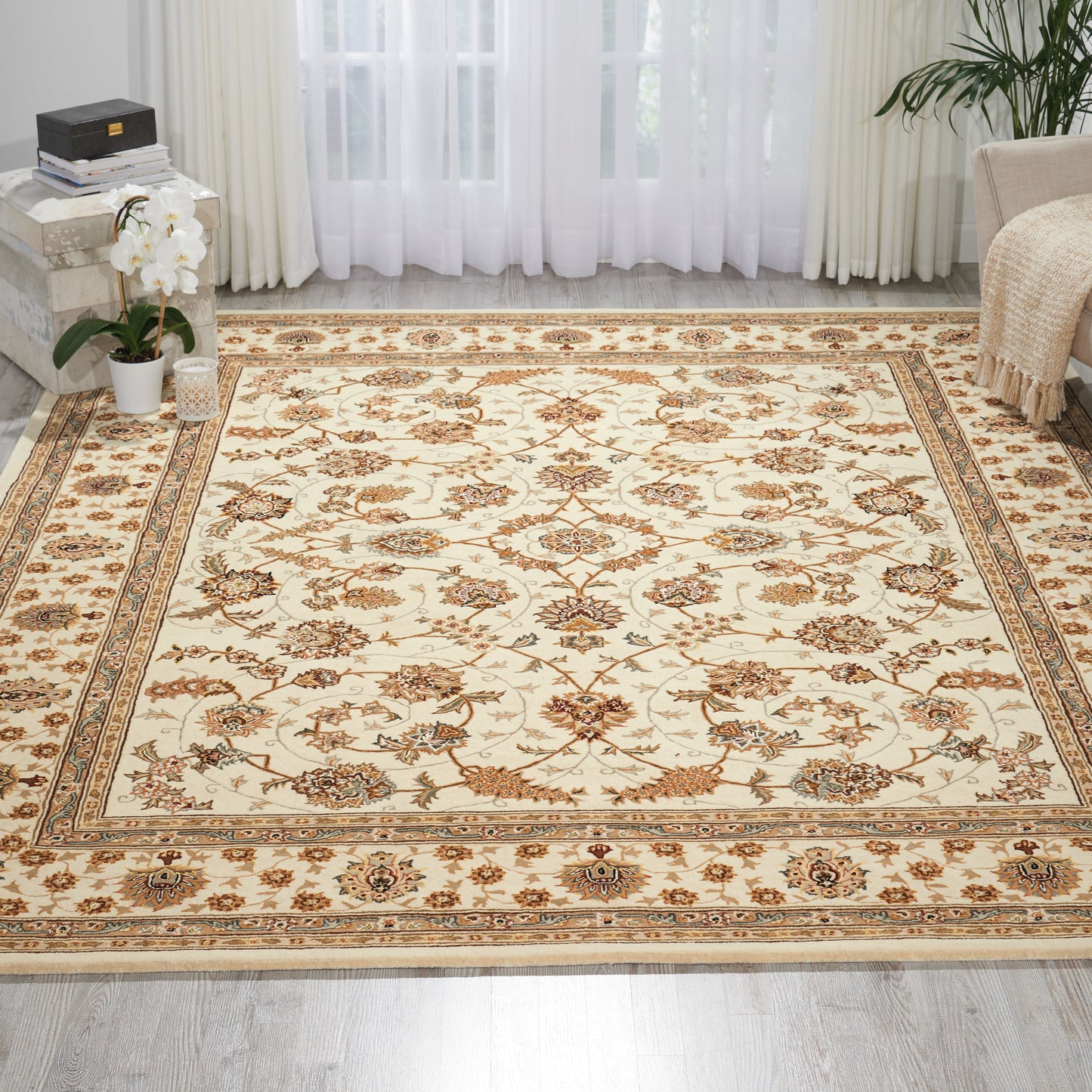 Beige oriental-style area rug with brown and gold floral motifs and a decorative border in a bright living room.