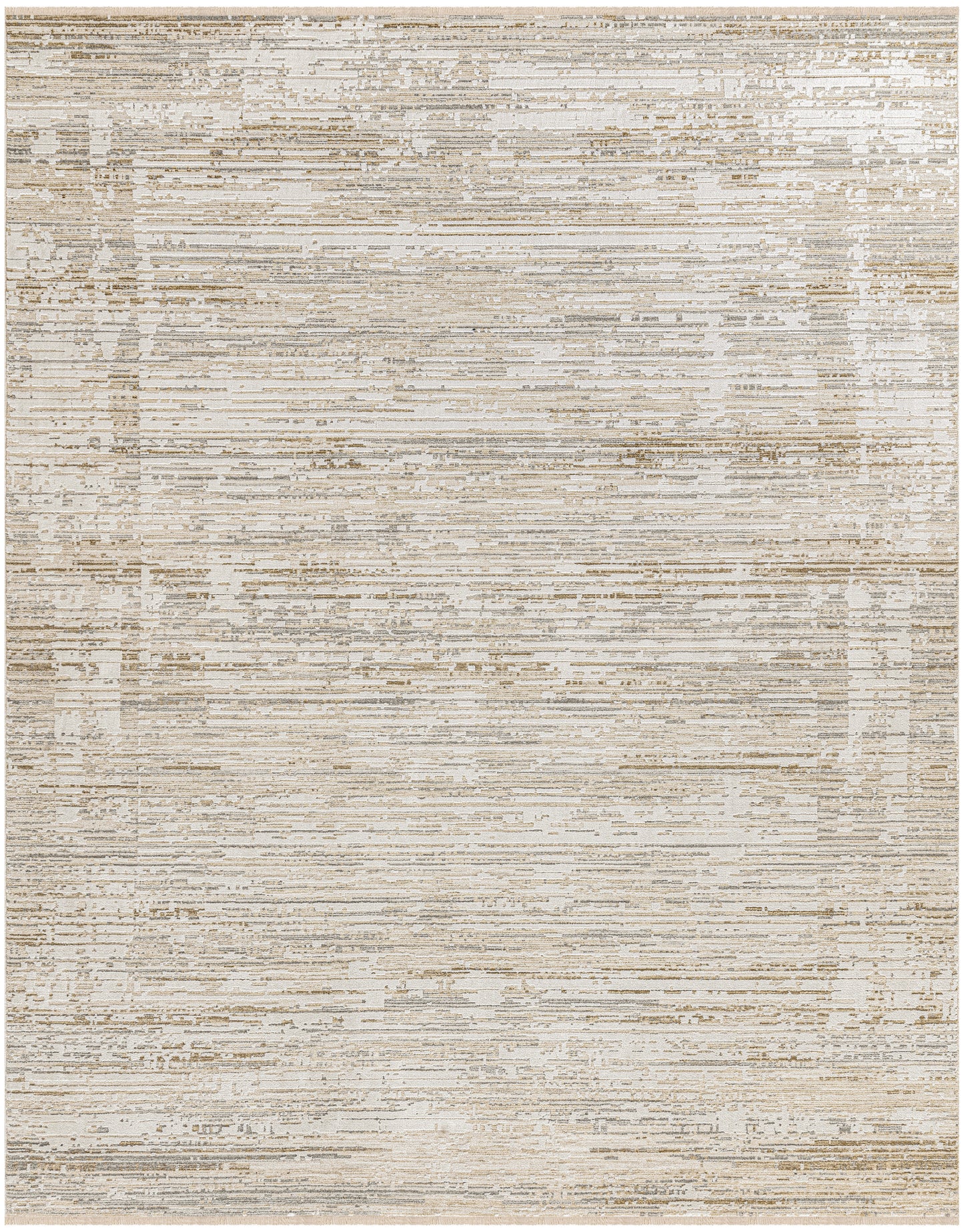 Rectangular beige distressed rug with horizontal tan and ivory lines; modern low-pile, versatile for living room or bedroom.