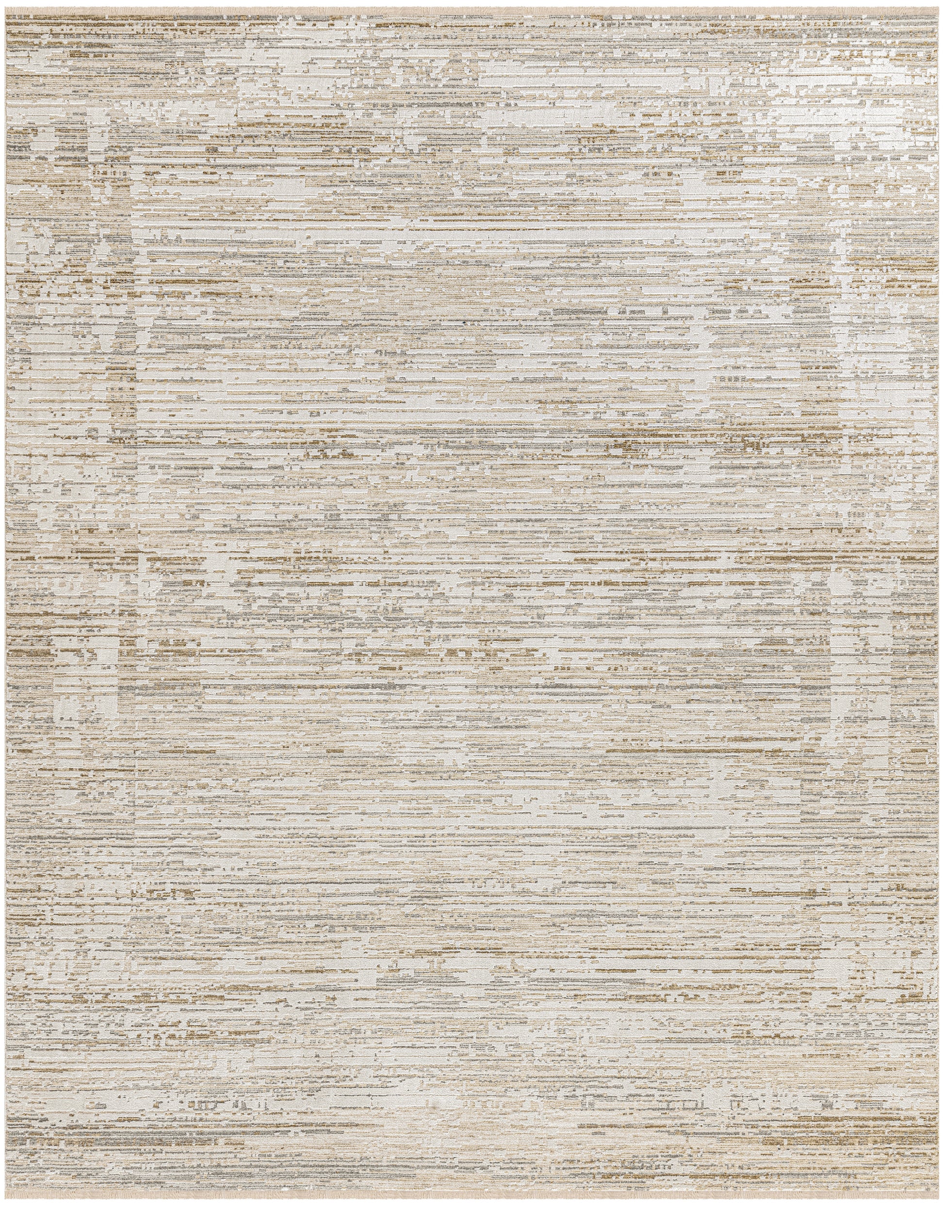 Rectangular beige distressed rug with horizontal tan and ivory lines; modern low-pile, versatile for living room or bedroom.