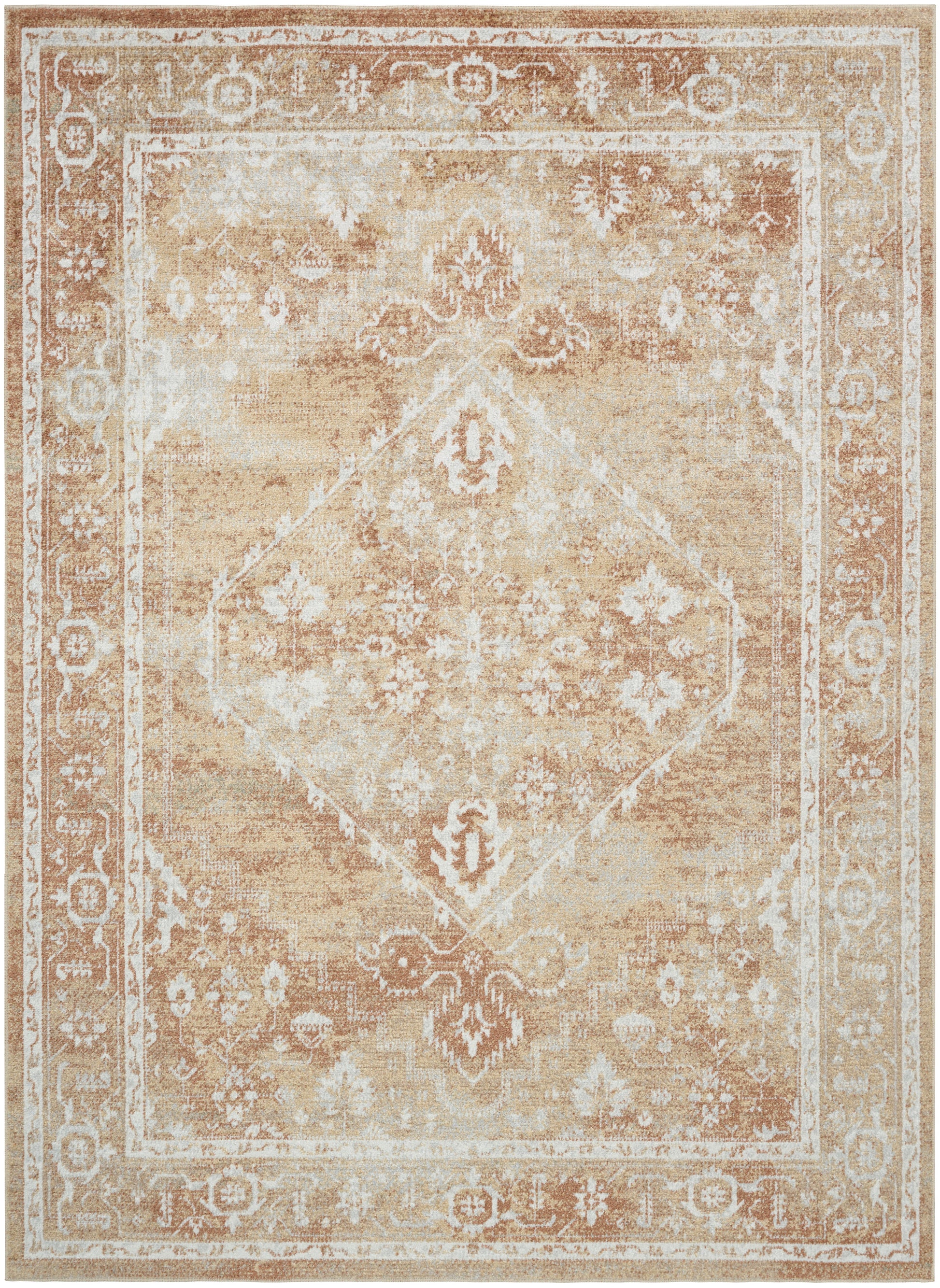 Beige vintage-style rectangular area rug with ivory central medallion and ornate floral border; distressed warm tones.