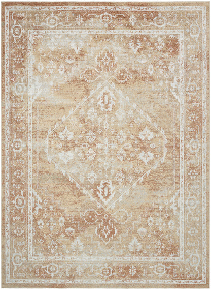 Beige vintage-style rectangular area rug with ivory central medallion and ornate floral border; distressed warm tones.