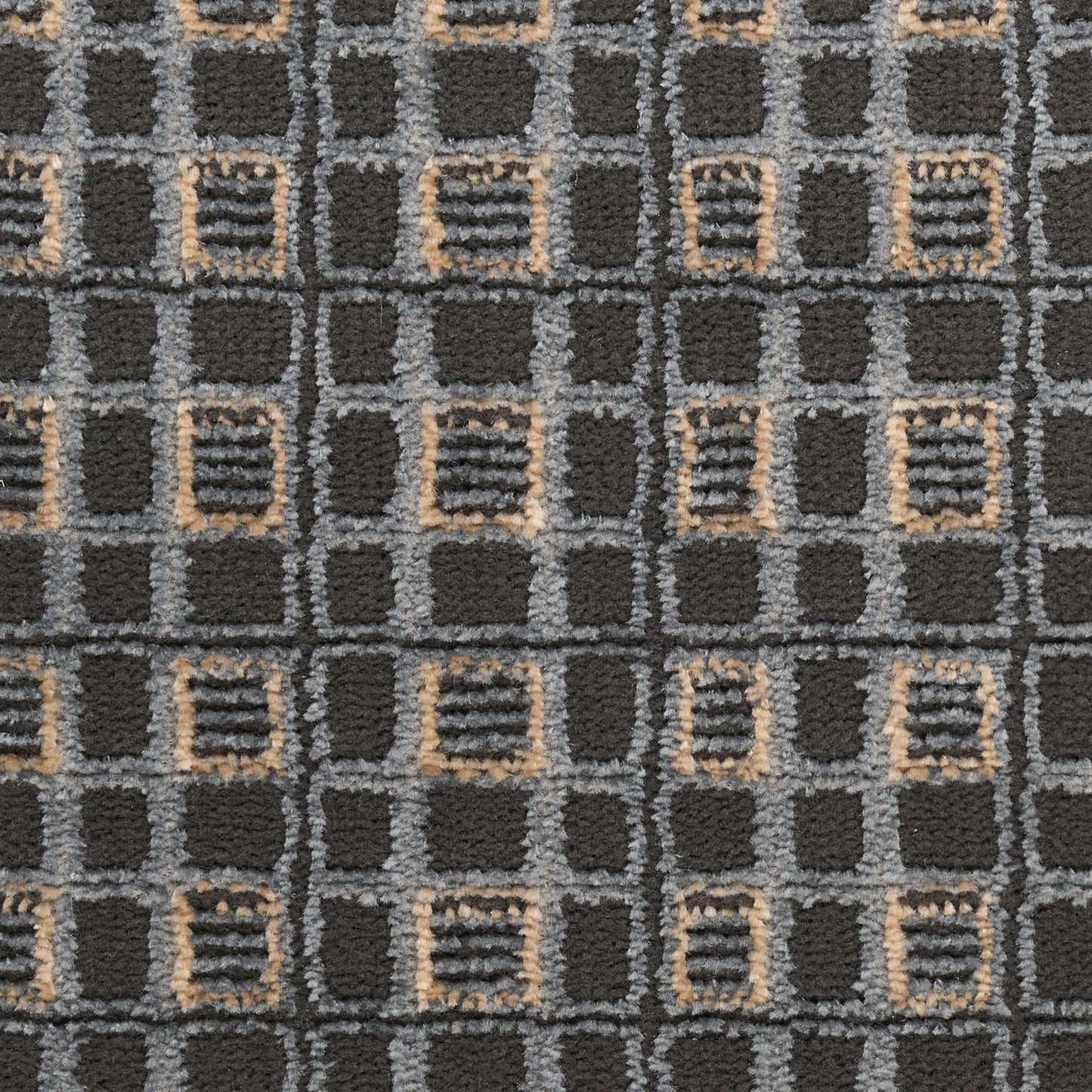 Dark charcoal carpet tile with a gray square-grid pattern and tan outlined squares for a geometric rug design.