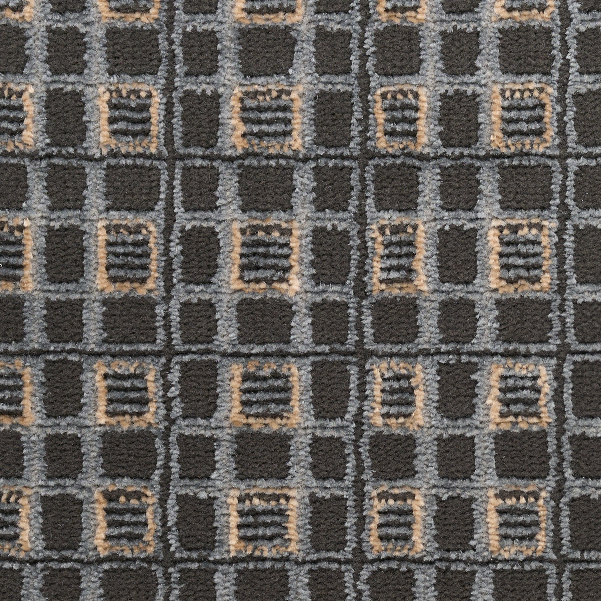 Dark charcoal carpet tile with a gray square-grid pattern and tan outlined squares for a geometric rug design.