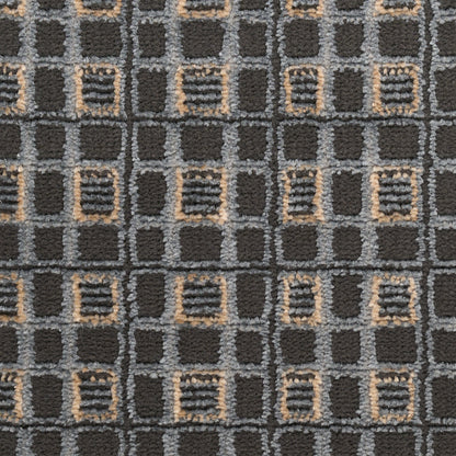 Dark charcoal carpet tile with a gray square-grid pattern and tan outlined squares for a geometric rug design.
