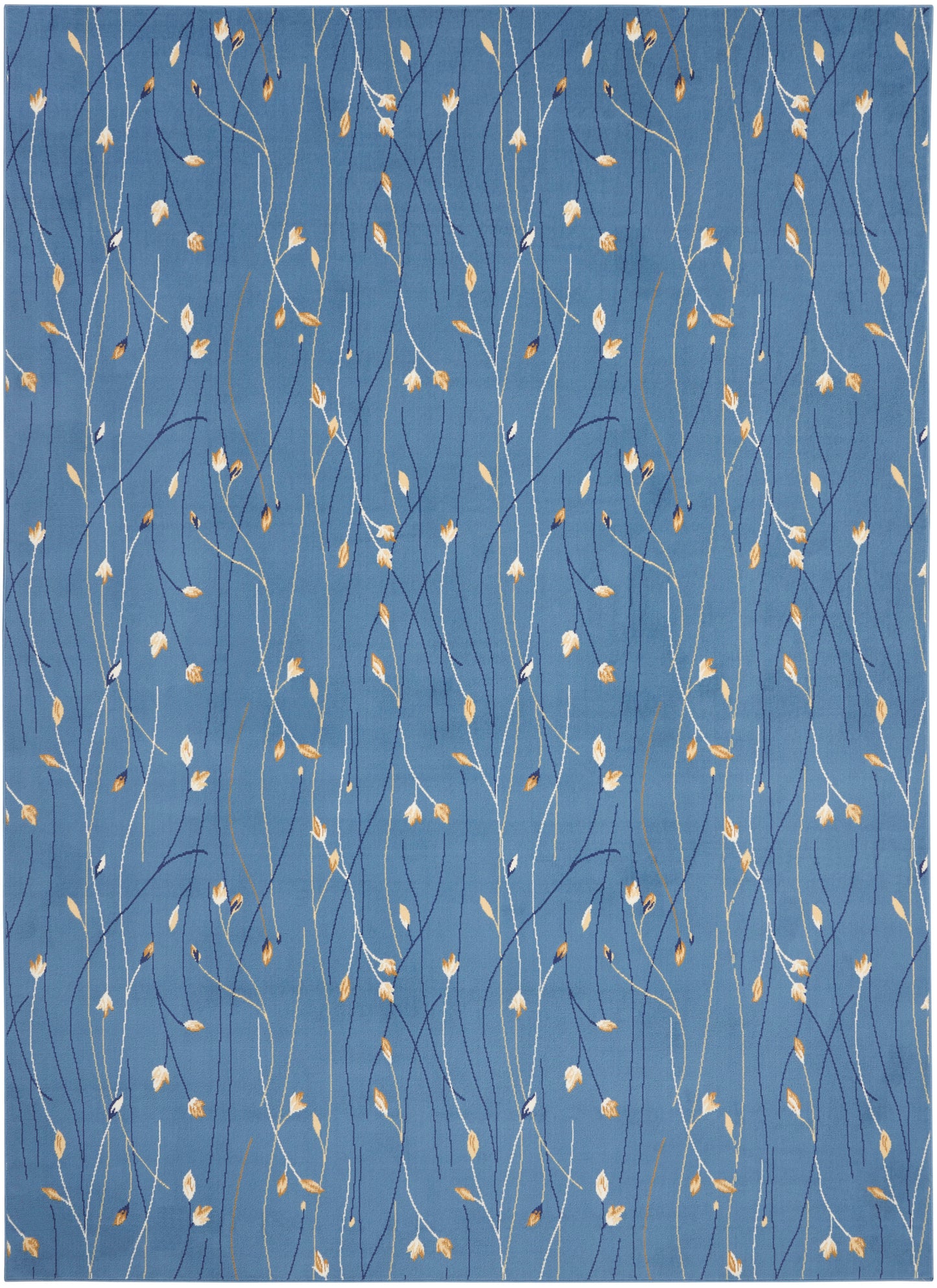 Blue textile with slender white stems and tiny golden leaves creating a delicate vine pattern.