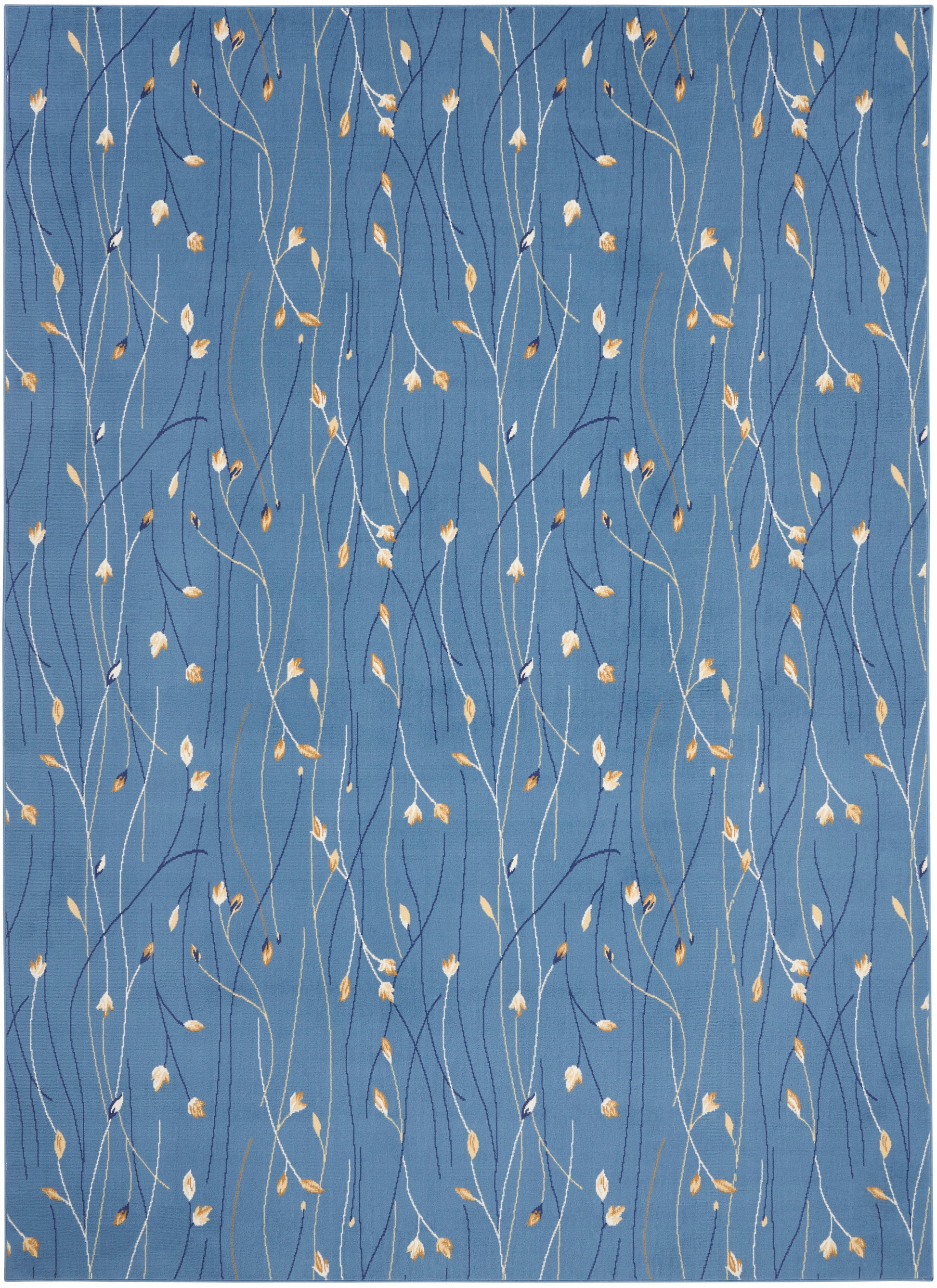 Blue textile with slender white stems and tiny golden leaves creating a delicate vine pattern.