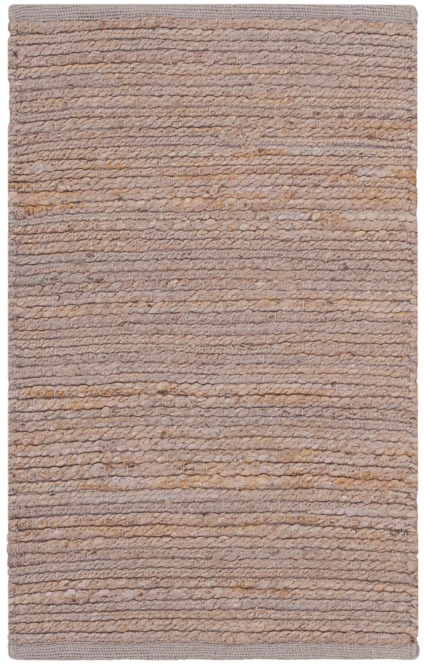 Beige-taupe woven rug with chunky texture; natural jute look, rectangular, rustic living room decor.