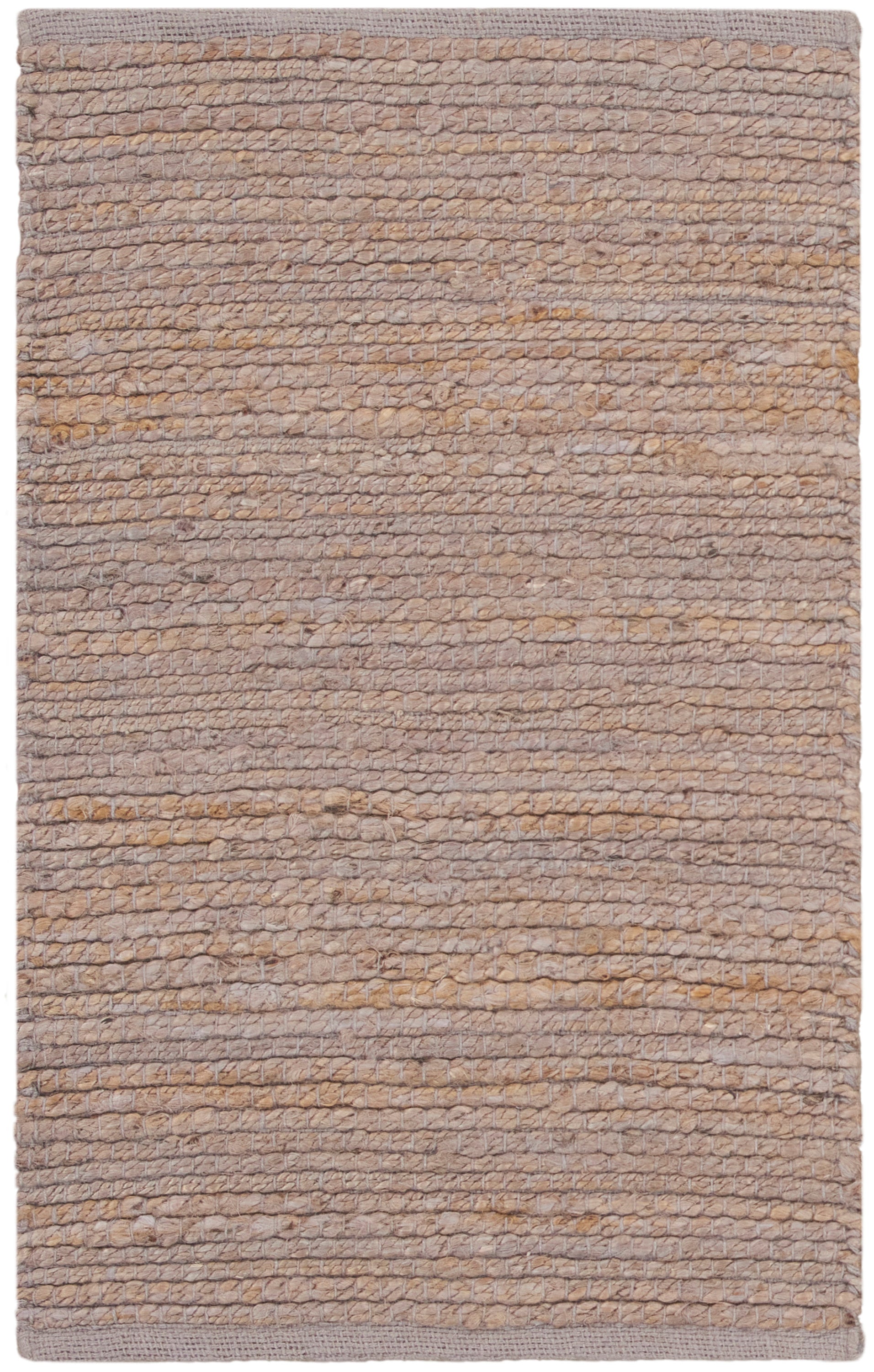 Beige-taupe woven rug with chunky texture; natural jute look, rectangular, rustic living room decor.