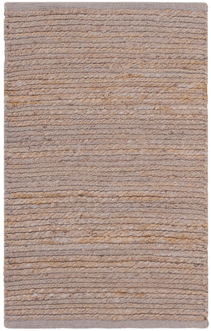 Beige-taupe woven rug with chunky texture; natural jute look, rectangular, rustic living room decor.