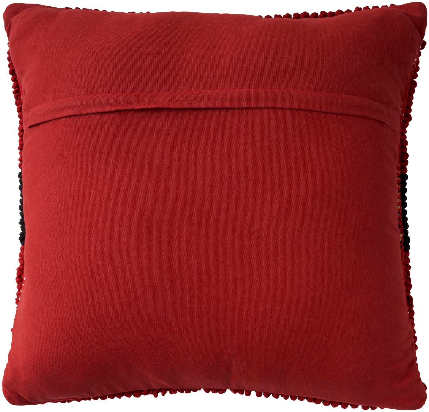 Red velvet square throw pillow with pom-pom edge trim and plush texture.