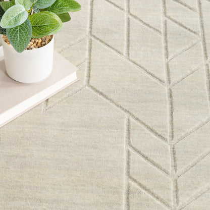 Beige geometric patterned rug with chevron-like lines; white ceramic pot with green leafy plant atop a pale book.