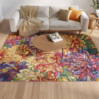 Cozy living room with a round wood coffee table, bold multicolor floral rug, beige sofa, and orange pillow.