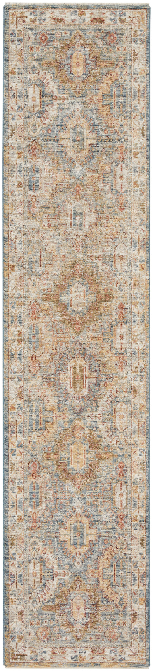 Distressed oriental runner rug in muted blue, ivory and rust with repeating medallion border motifs.