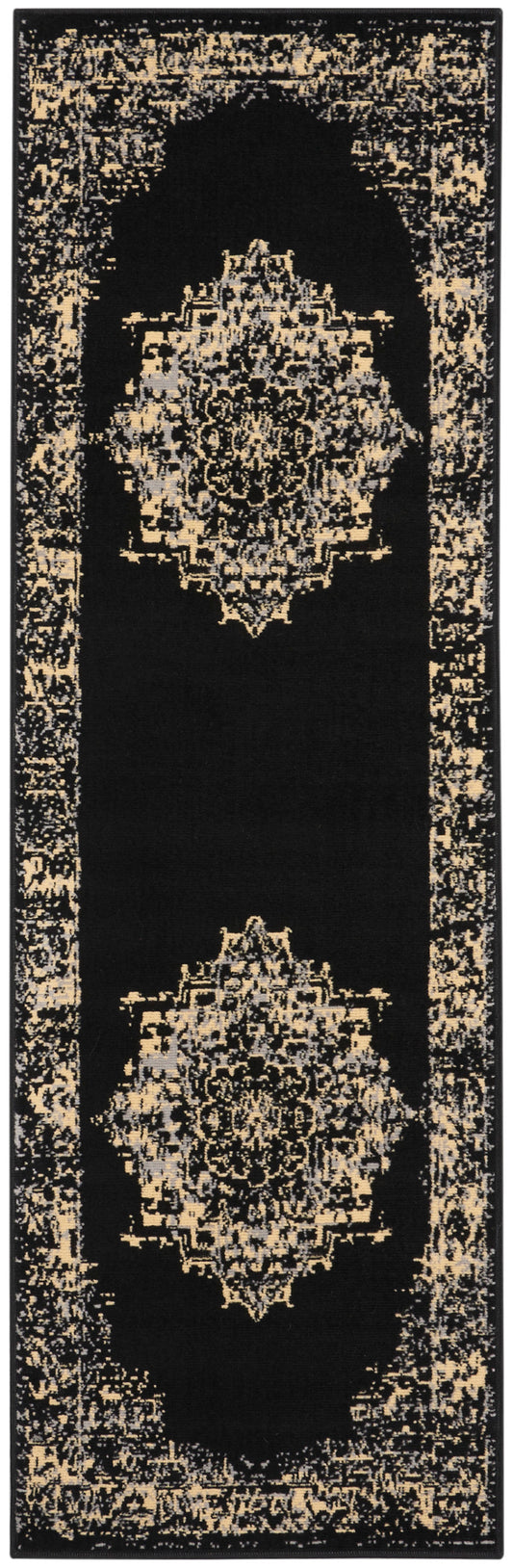 Black oriental runner rug with antique gold double medallions and ornate border