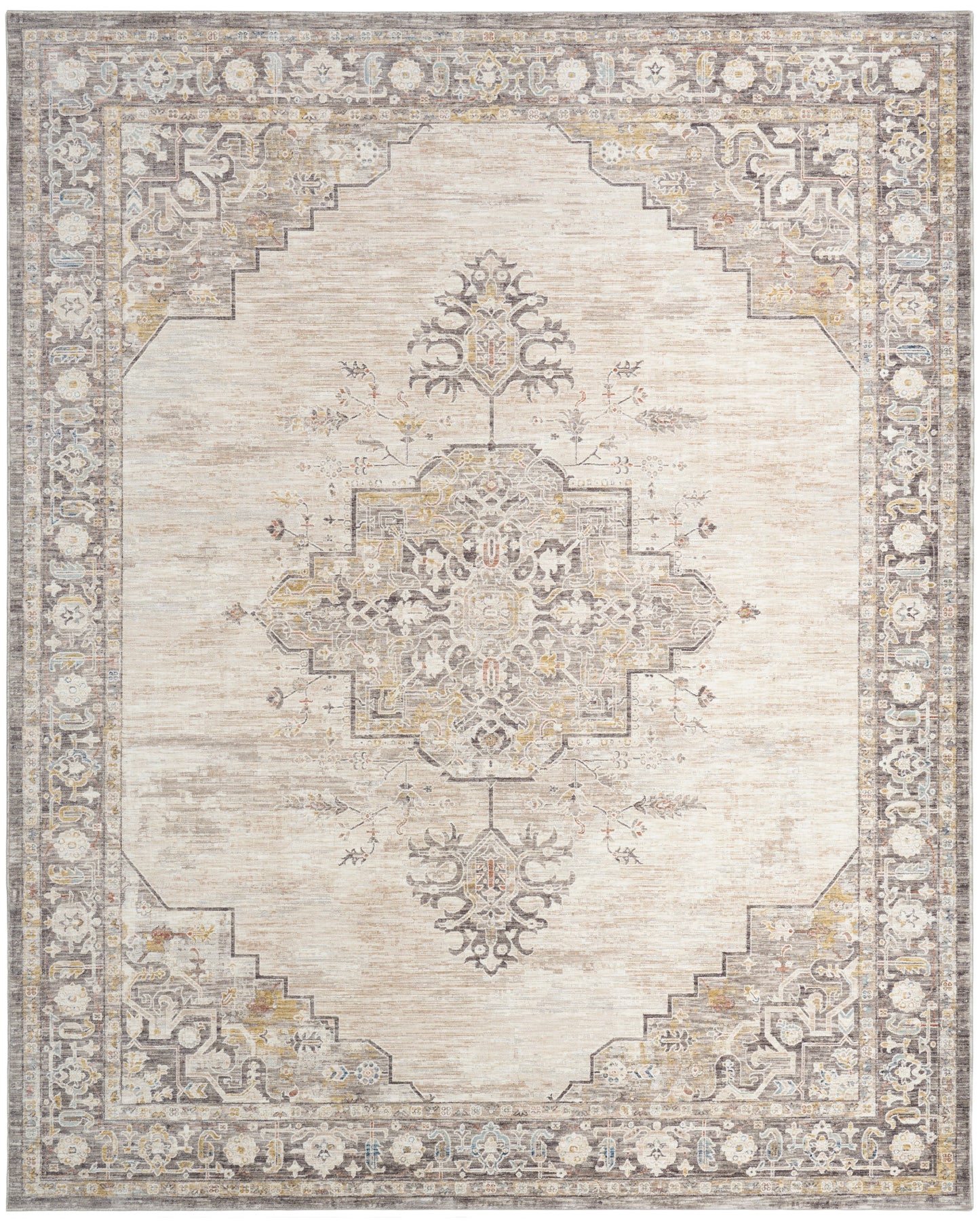Rectangular vintage-inspired distressed area rug in cream, gray and beige with a central geometric medallion and border.