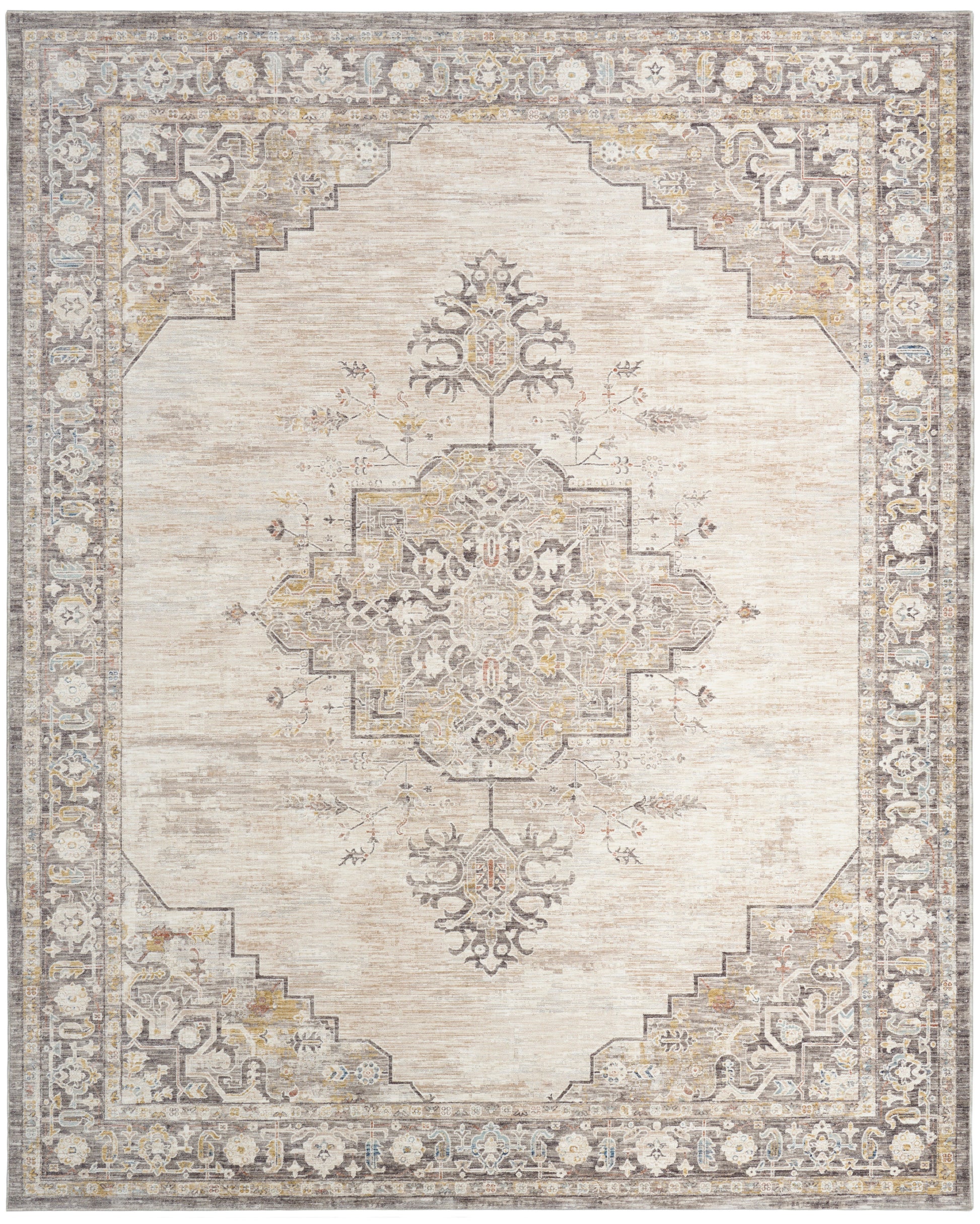 Rectangular vintage-inspired distressed area rug in cream, gray and beige with a central geometric medallion and border.