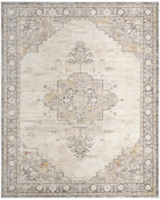 Rectangular vintage-inspired distressed area rug in cream, gray and beige with a central geometric medallion and border.
