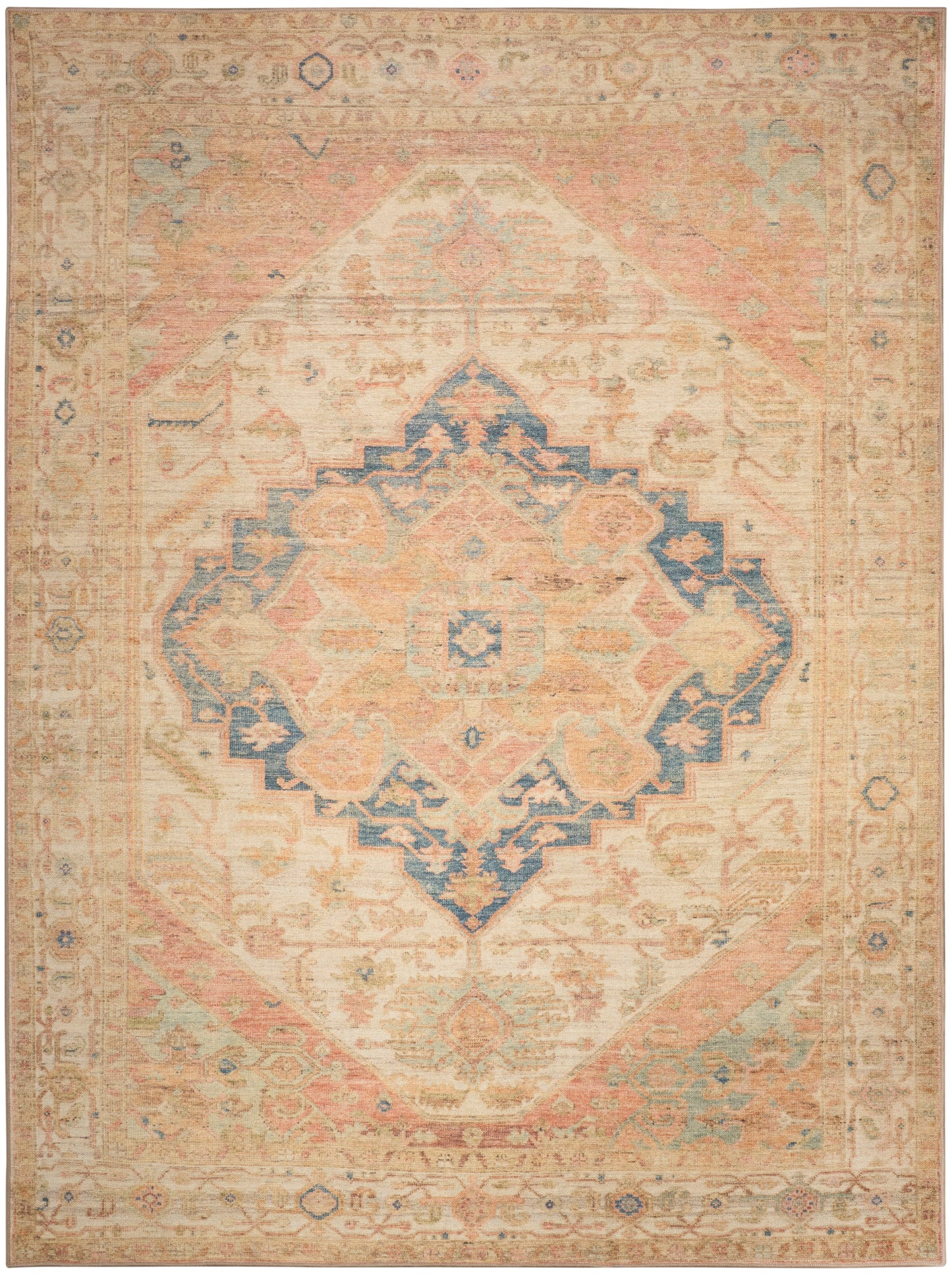 Distressed oriental area rug in warm peach and beige with pale blue central medallion and ornate border.