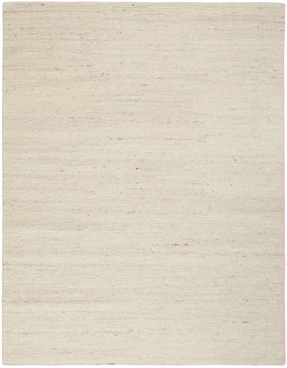 Neutral beige woven rug with speckled texture; soft, natural fibers, rectangular area rug for living room.