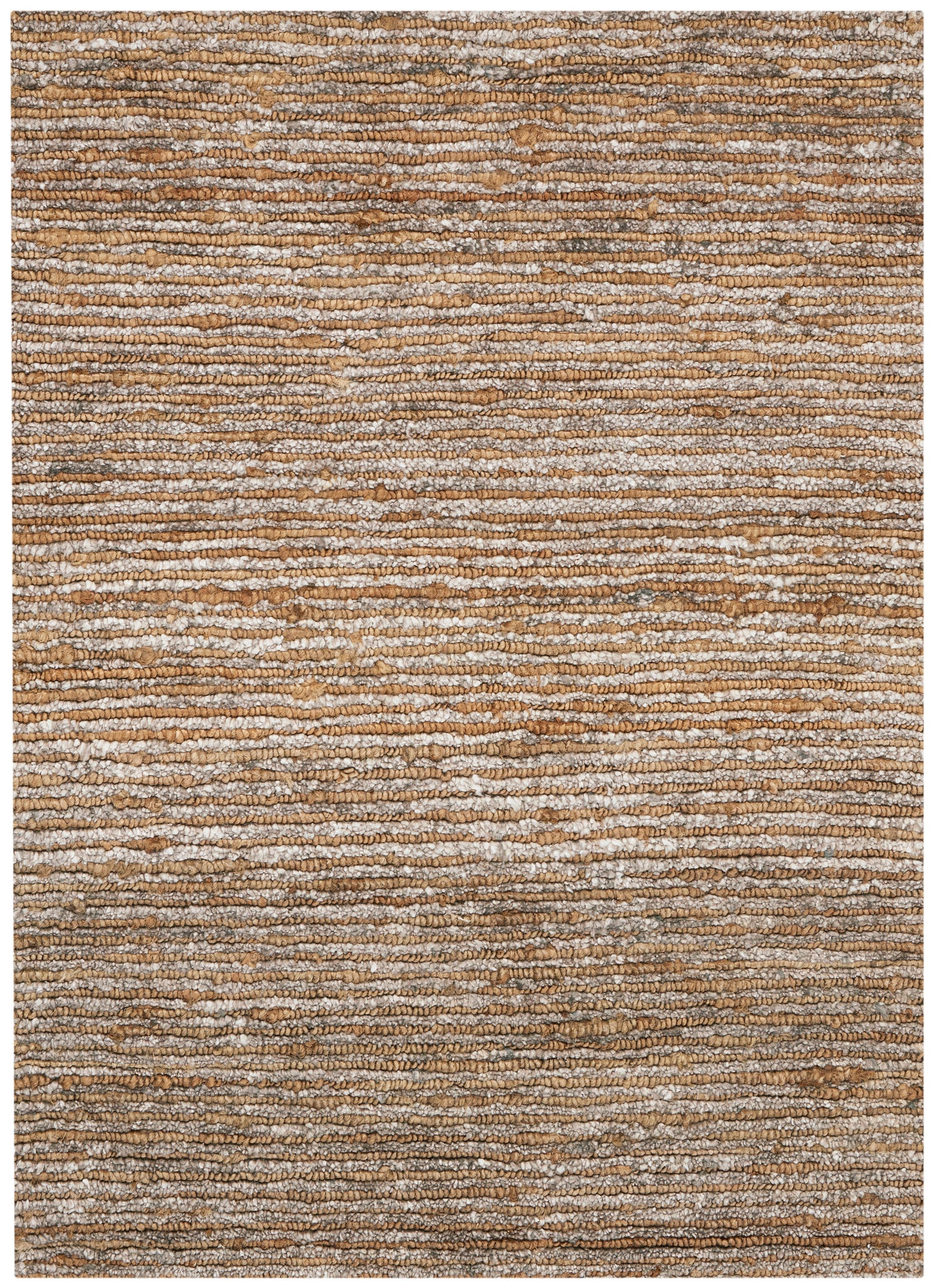 Woven rectangular rug with horizontal tan, brown, and cream stripes; textured natural-fiber surface, rustic casual style.
