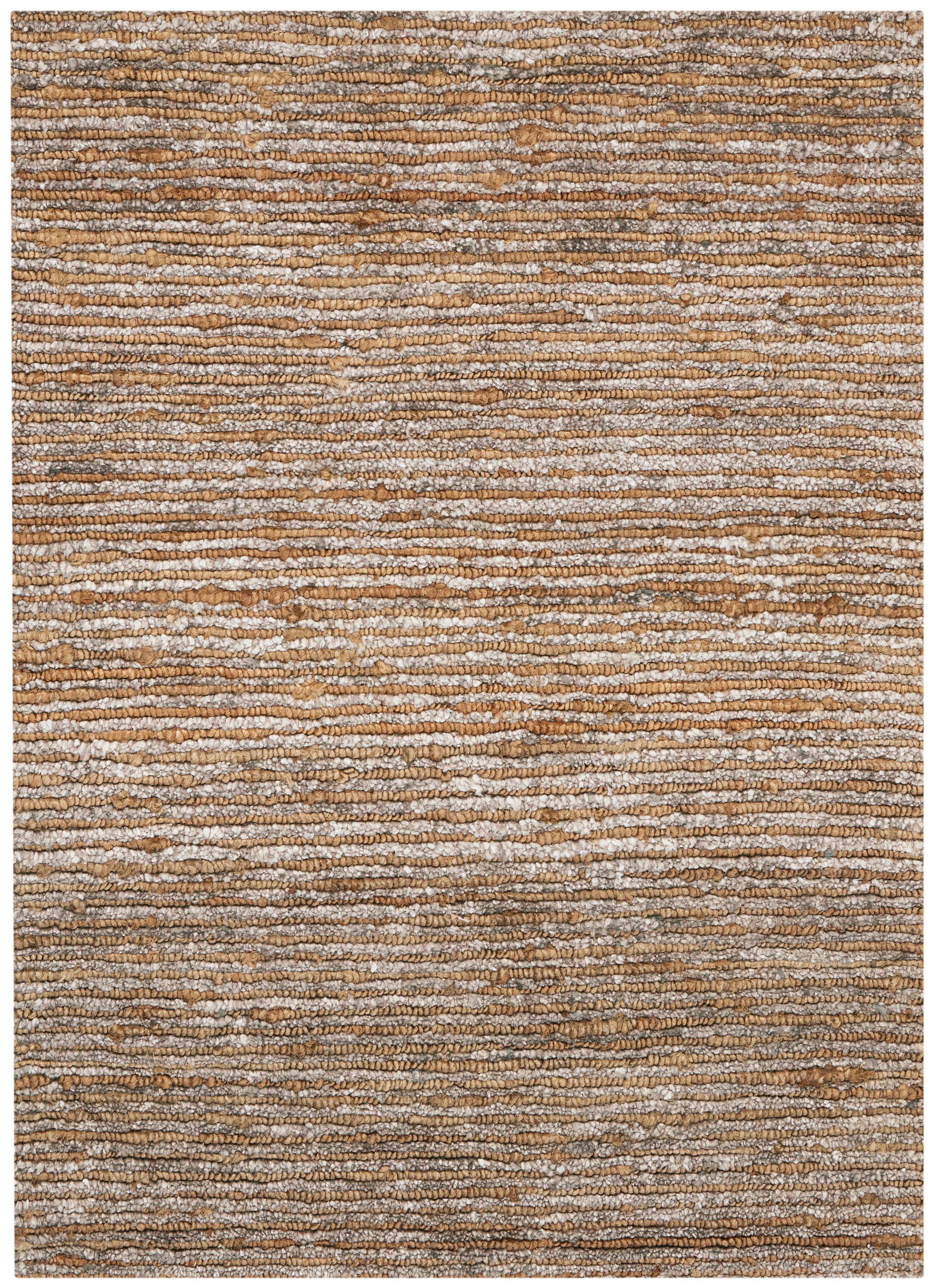 Woven rectangular rug with horizontal tan, brown, and cream stripes; textured natural-fiber surface, rustic casual style.