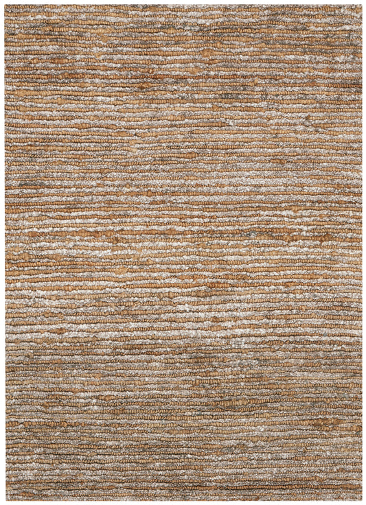 Woven rectangular rug with horizontal tan, brown, and cream stripes; textured natural-fiber surface, rustic casual style.