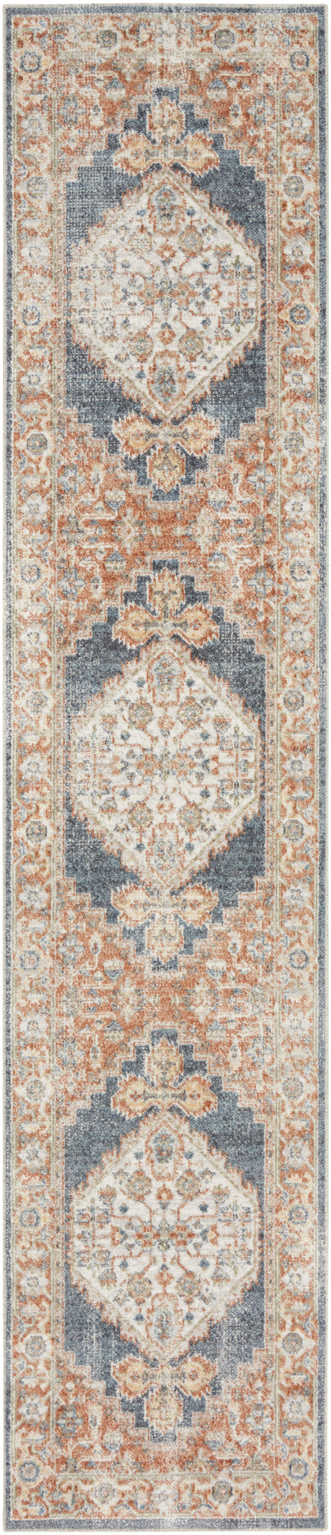 Persian-inspired narrow woven runner rug with repeating ivory medallions, blue and rust accents on beige; ideal for hallways.