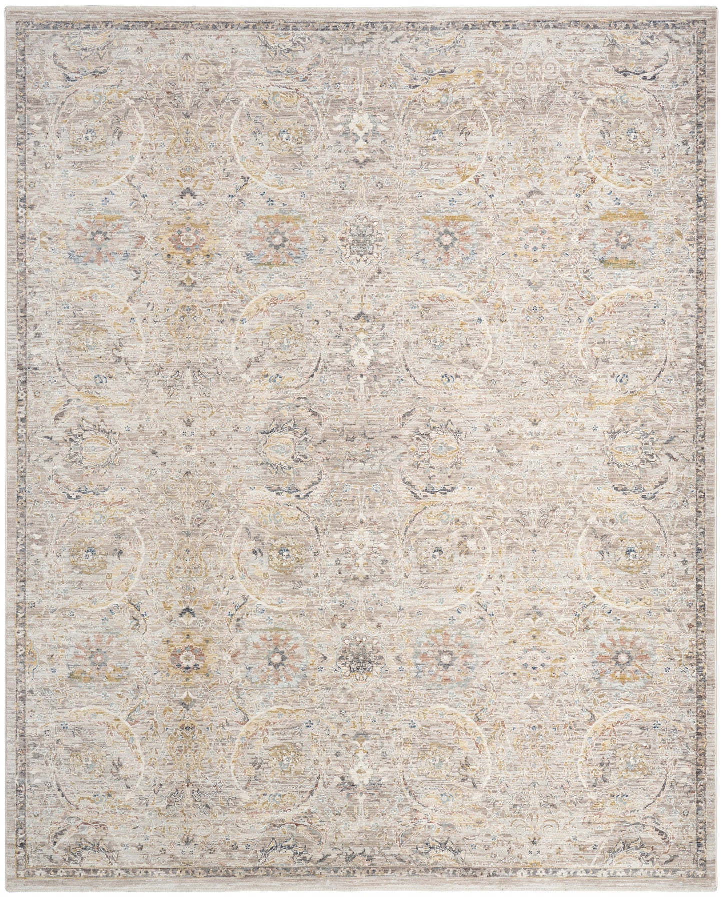 Light beige distressed oriental rug, 8' x 10', with cream, gray, and pale blue floral motifs; vintage bordered design.