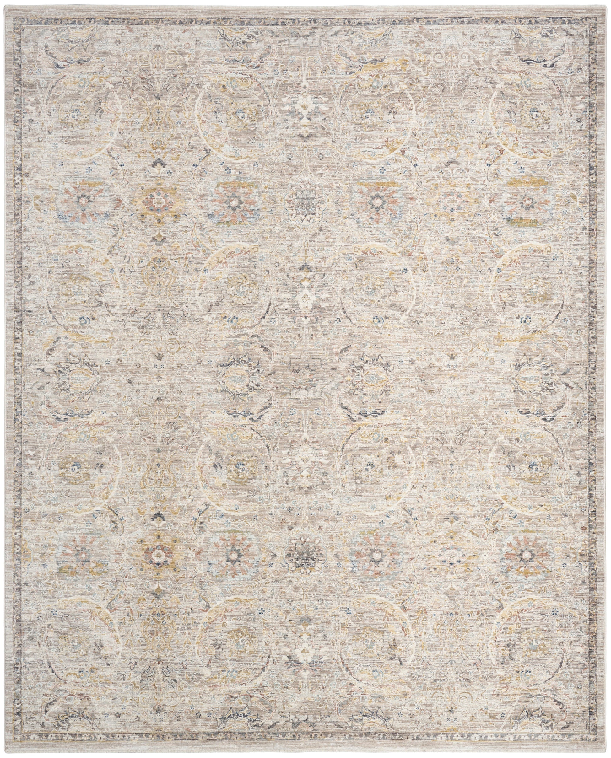 Light beige distressed oriental rug, 8' x 10', with cream, gray, and pale blue floral motifs; vintage bordered design.