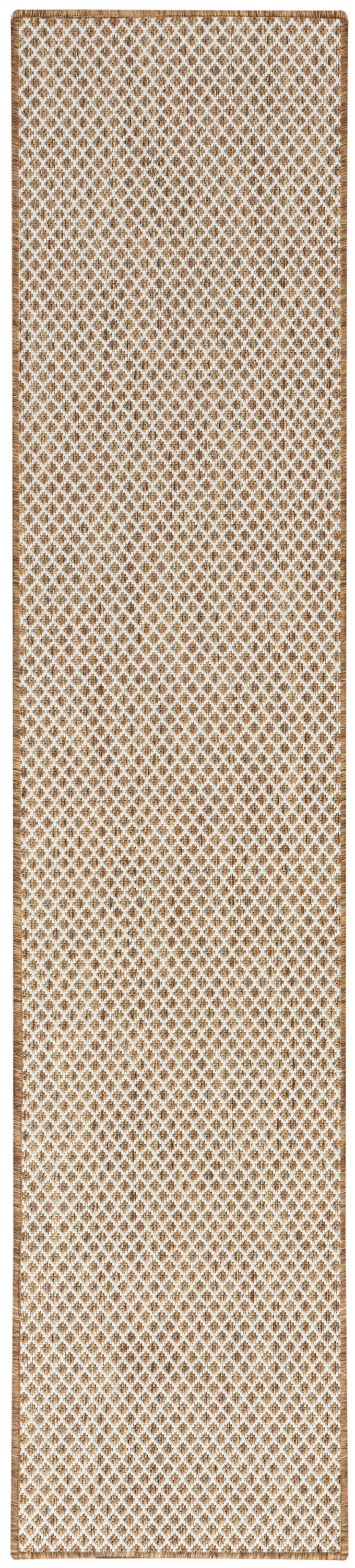 Natural fiber jute runner rug with beige-brown diamond lattice pattern and fringed ends.