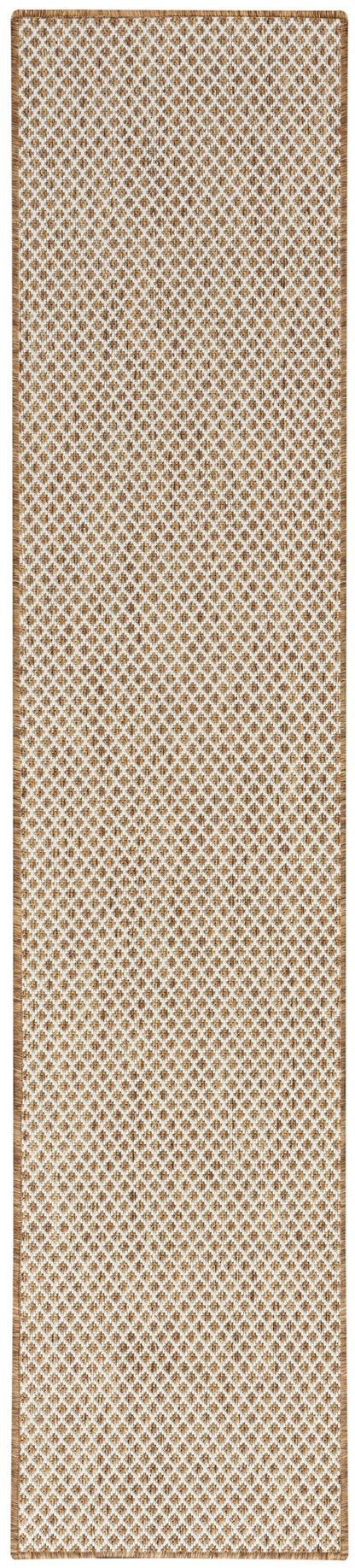 Natural fiber jute runner rug with beige-brown diamond lattice pattern and fringed ends.
