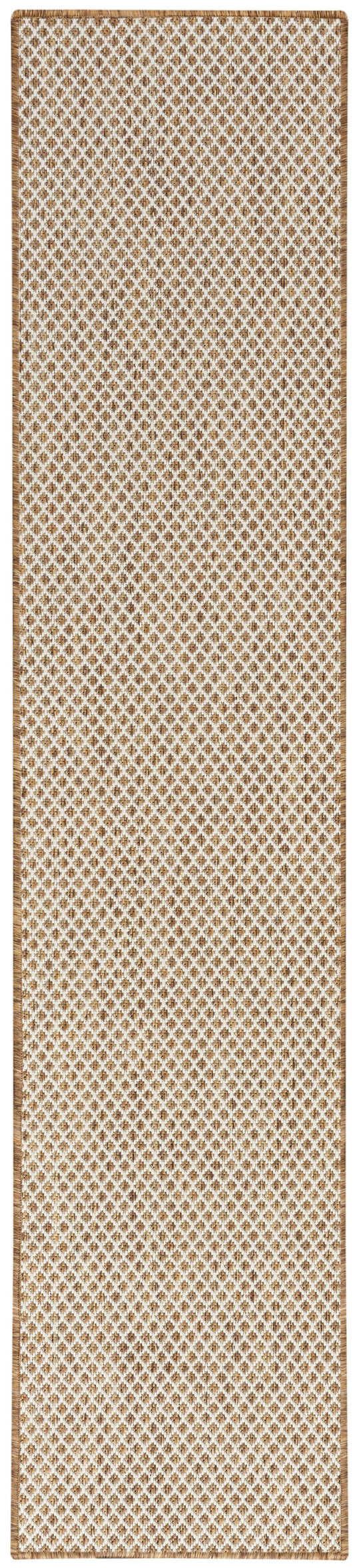 Natural fiber jute runner rug with beige-brown diamond lattice pattern and fringed ends.