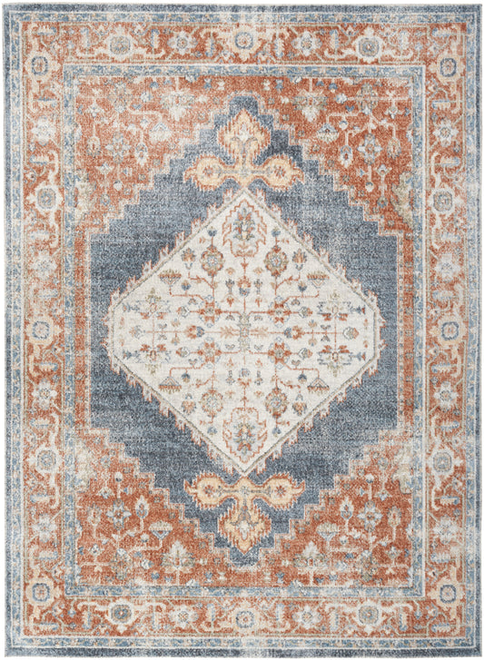 Rust-orange, blue & ivory oriental rug with central diamond medallion, floral motifs and ornate border.