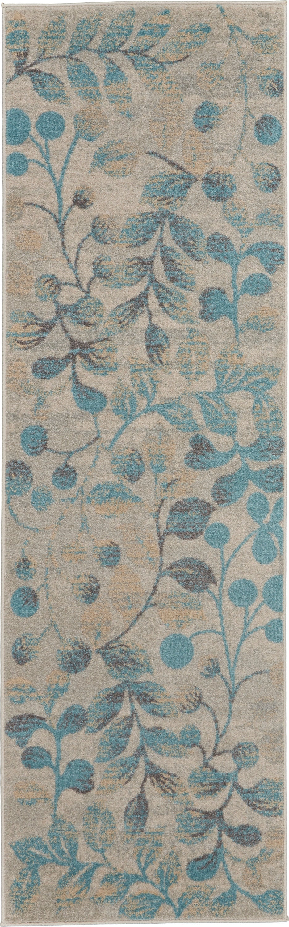 Beige runner rug with teal-blue botanical leaf and vine pattern.