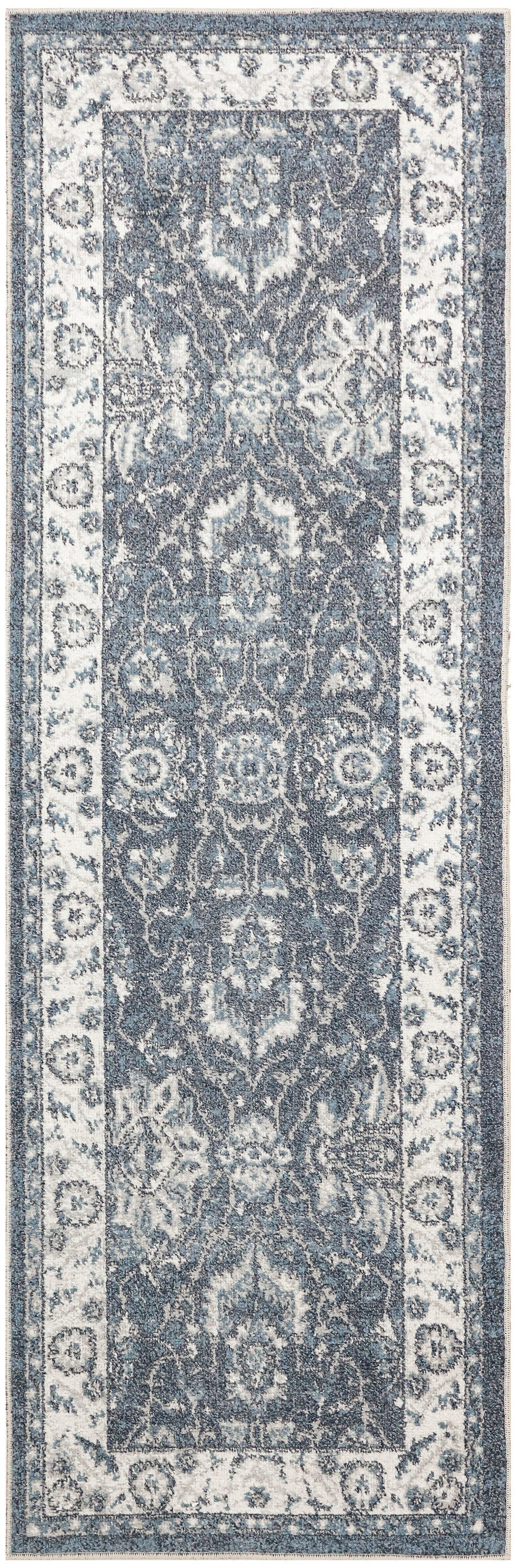 Blue-gray oriental runner rug with an ornate floral damask pattern and a light border.