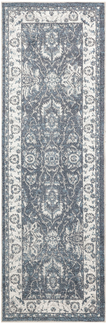 Blue-gray oriental runner rug with an ornate floral damask pattern and a light border.