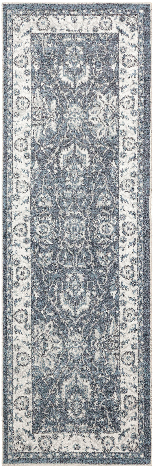Blue-gray oriental runner rug with an ornate floral damask pattern and a light border.