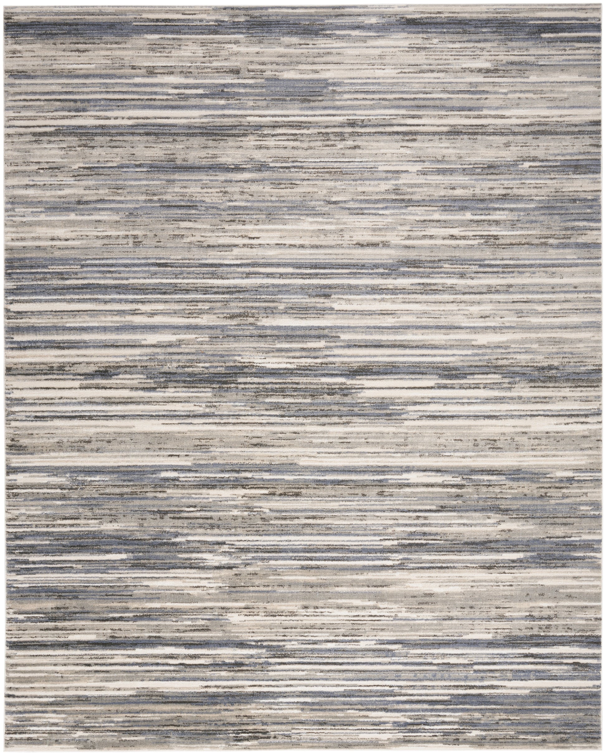 Abstract area rug with distressed blue, gray and beige horizontal stripes in a woven texture.