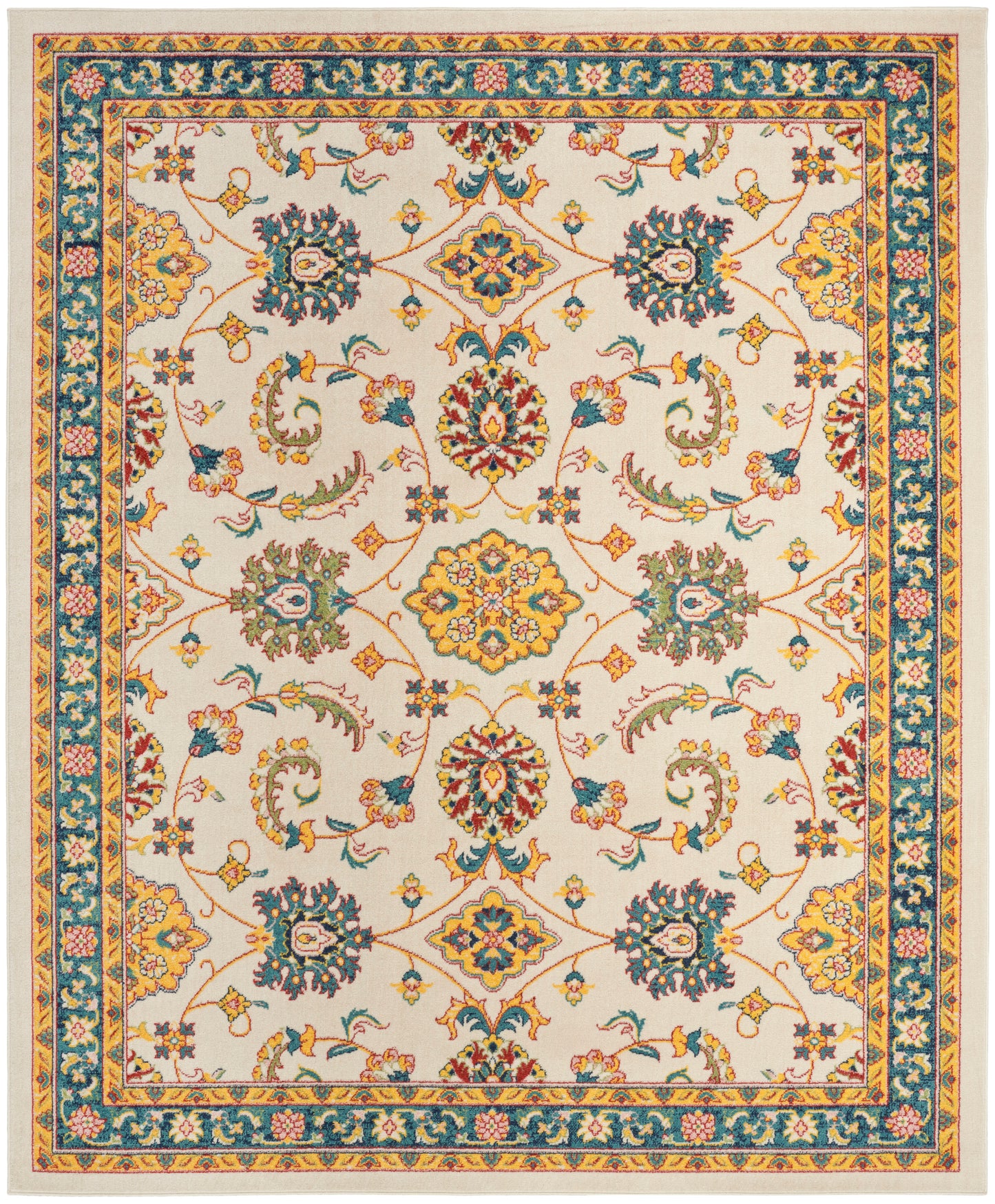 Rectangular oriental rug with ivory field, intricate multicolor floral motifs and teal-yellow border in Persian style.