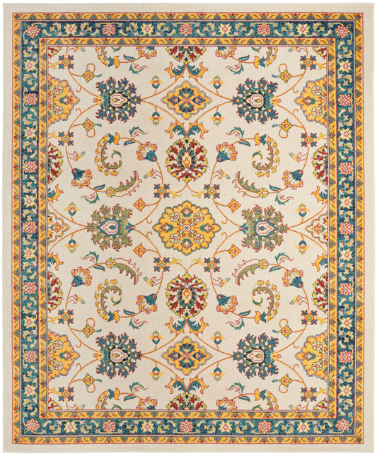 Rectangular oriental rug with ivory field, intricate multicolor floral motifs and teal-yellow border in Persian style.