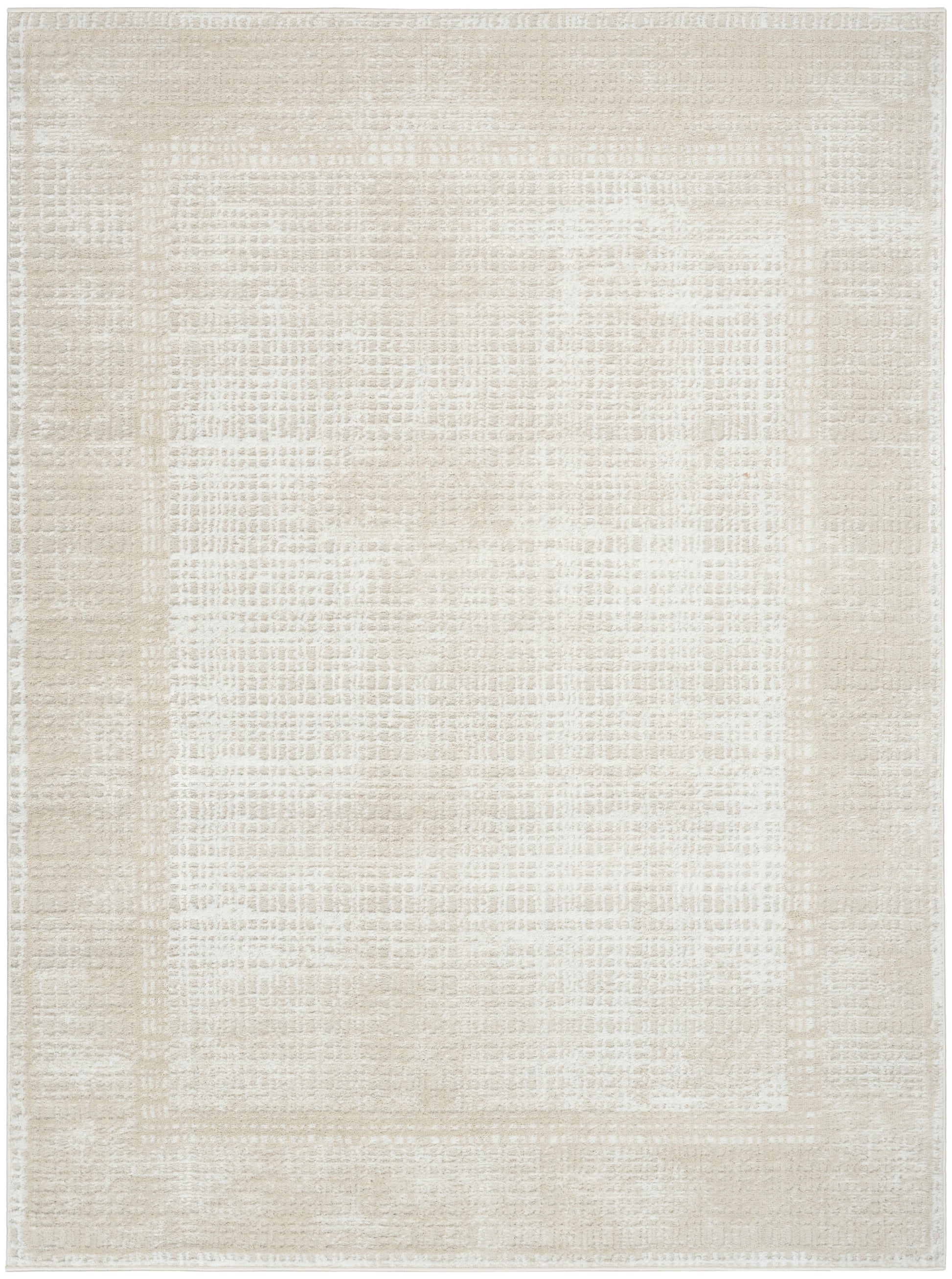 Rectangular cream-beige woven rug with a subtle tonal grid pattern and lighter inner border; neutral modern living room rug.