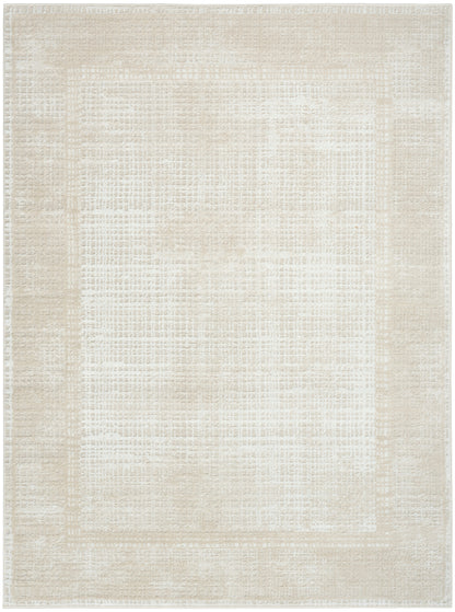 Rectangular cream-beige woven rug with a subtle tonal grid pattern and lighter inner border; neutral modern living room rug.