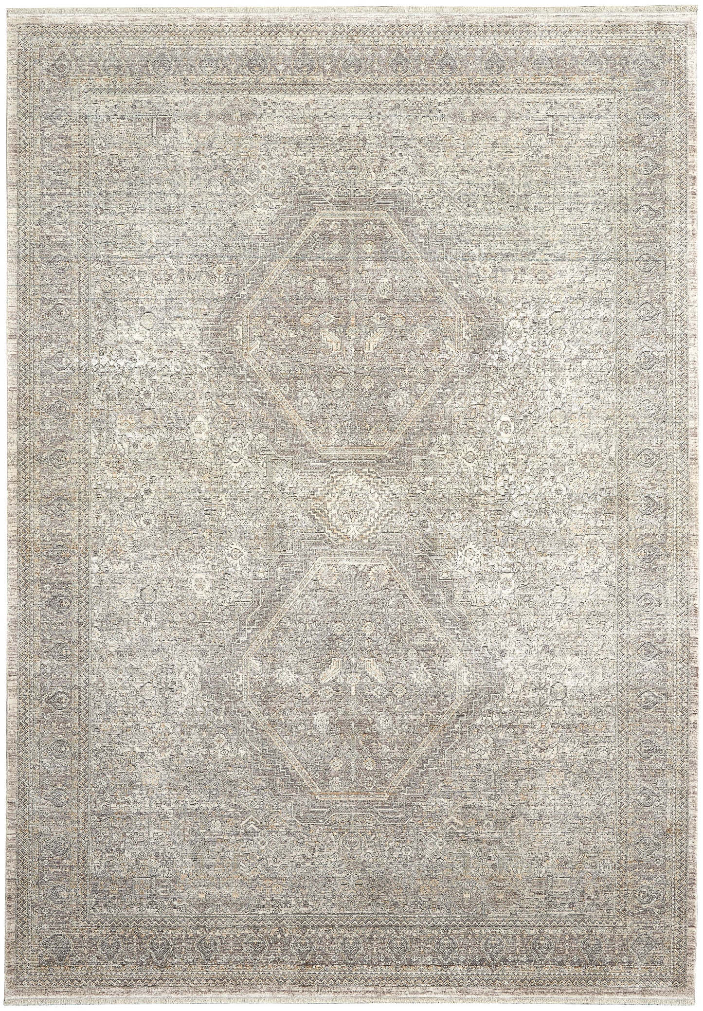 Rectangular distressed oriental rug in beige, taupe & ivory with faded central medallions & ornate borders.