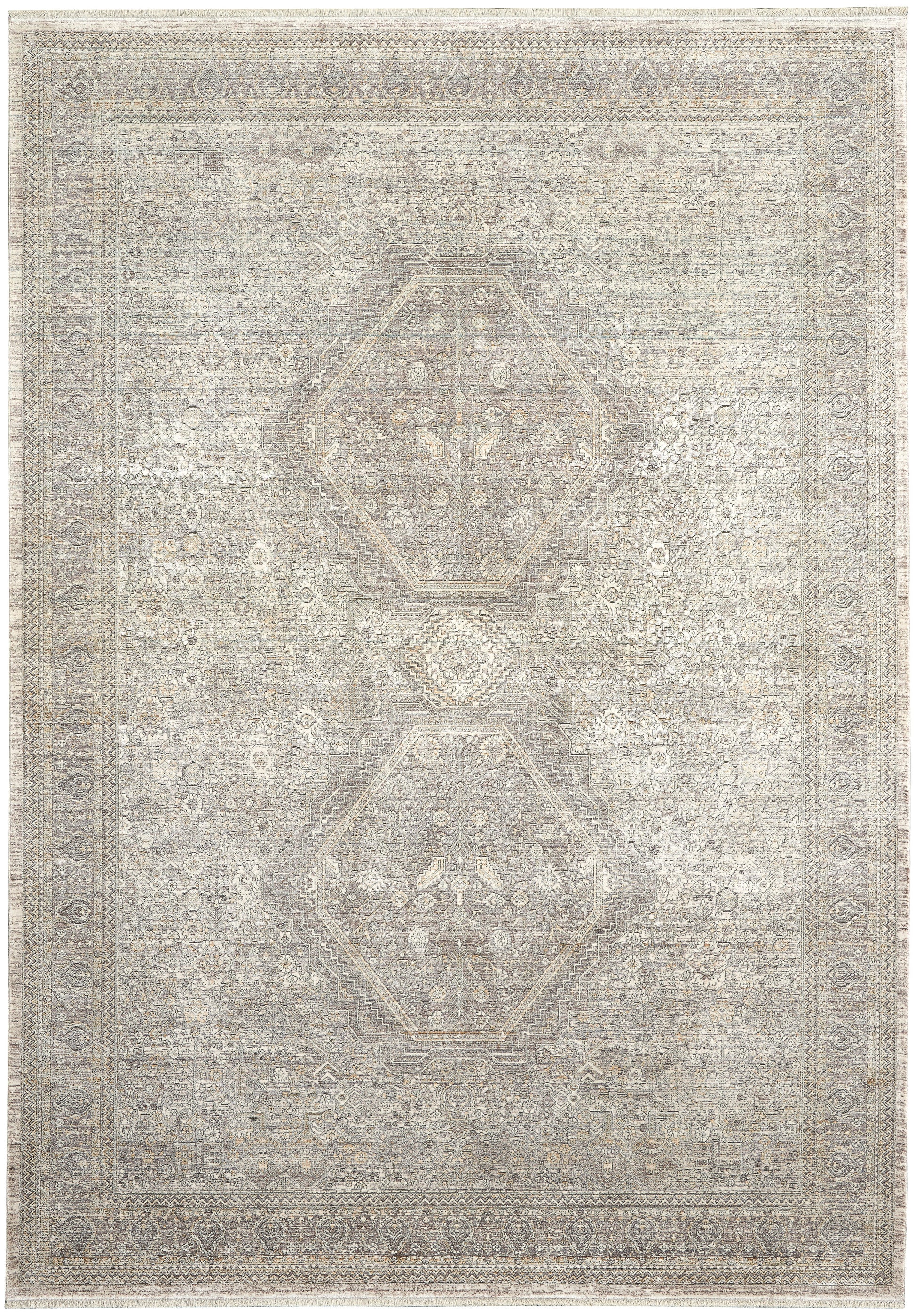 Rectangular distressed oriental rug in beige, taupe & ivory with faded central medallions & ornate borders.
